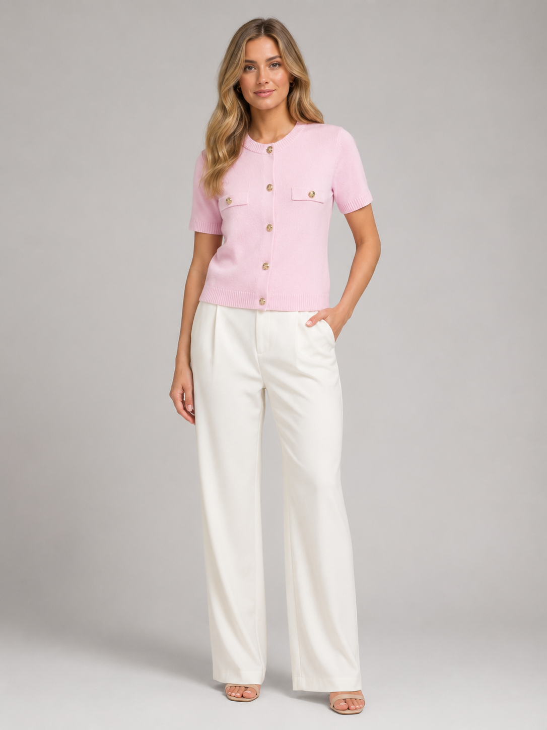 Women’s Short Sleeve Knit Cardigan with Round Neck