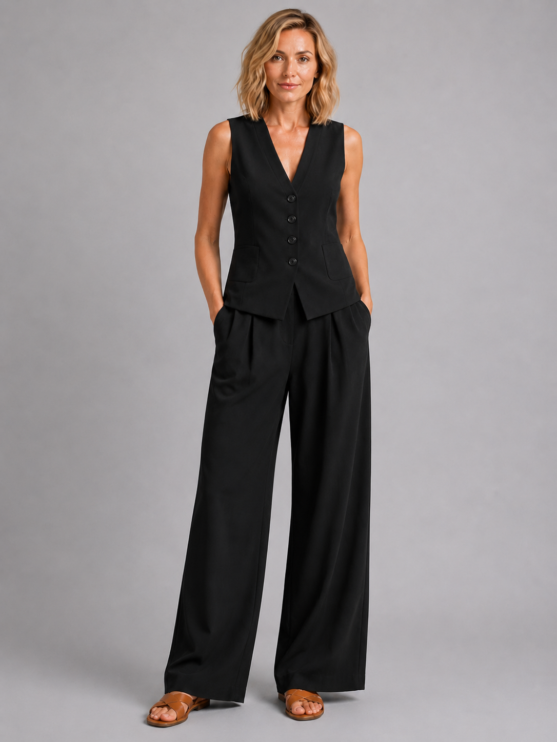 Women’s Sleeveless Waistcoat and Wide-Leg Trouser Set