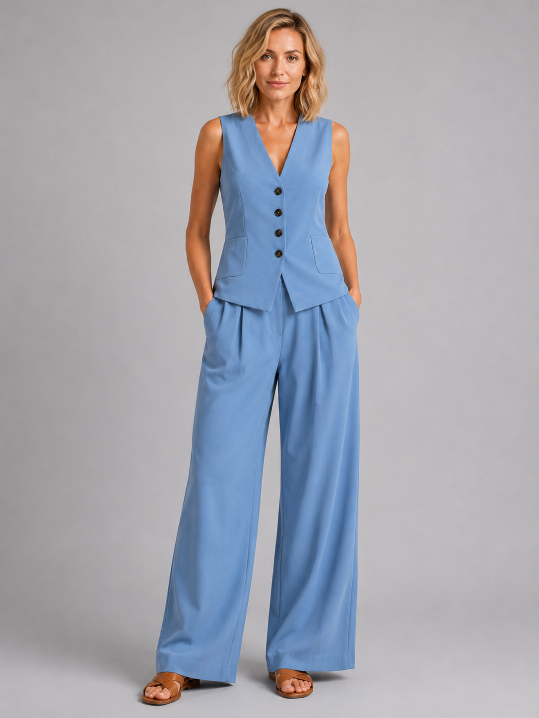 Women’s Sleeveless Waistcoat and Wide-Leg Trouser Set