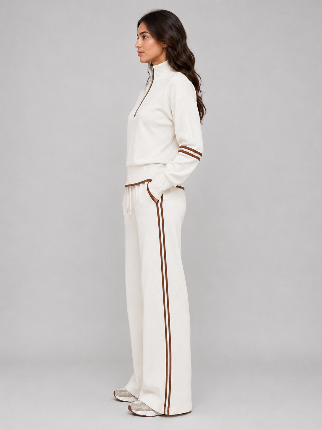 Women’s Two-Piece Lounge Set with Half Zip and Wide Leg Trousers