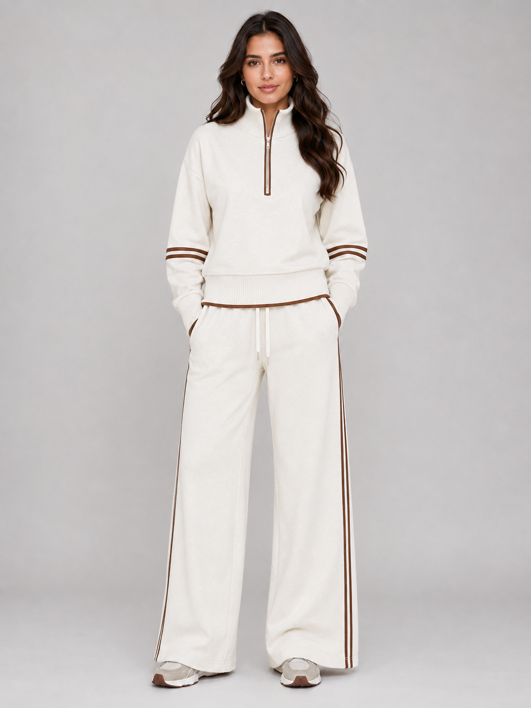 Women’s Two-Piece Lounge Set with Half Zip and Wide Leg Trousers