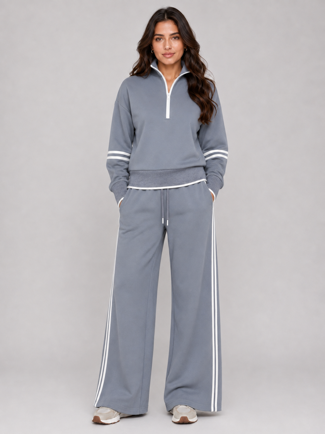 Women’s Two-Piece Lounge Set with Half Zip and Wide Leg Trousers