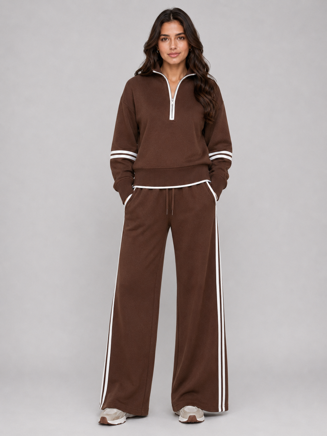 Women’s Two-Piece Lounge Set with Half Zip and Wide Leg Trousers
