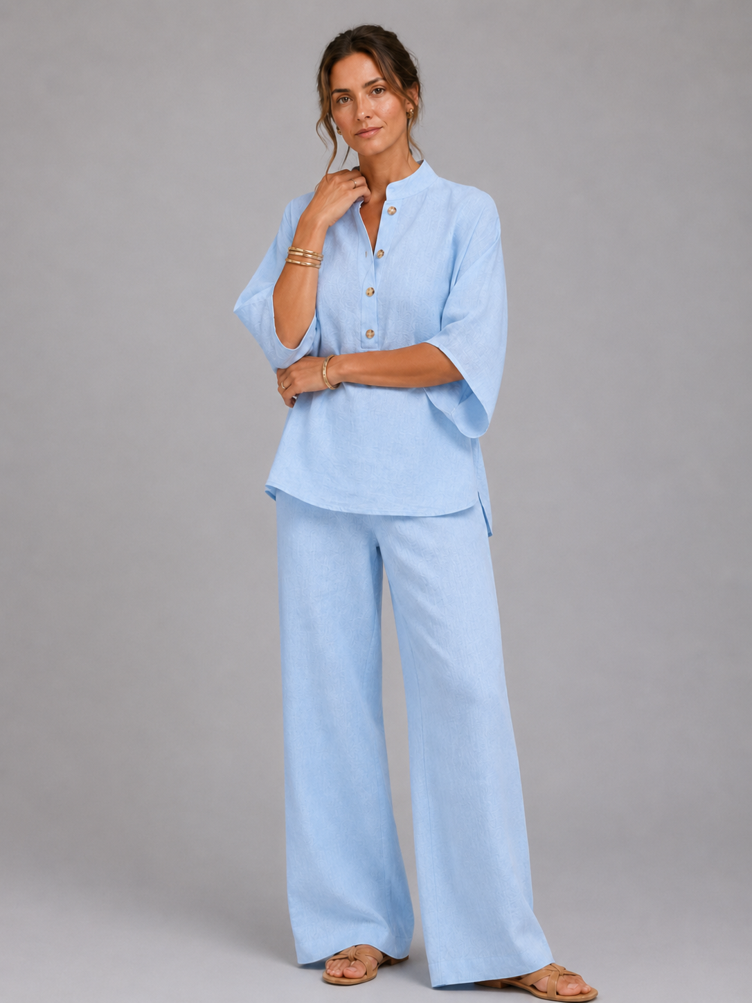 Women’s Two-Piece Set with Button-Front Top and Wide-Leg Trousers