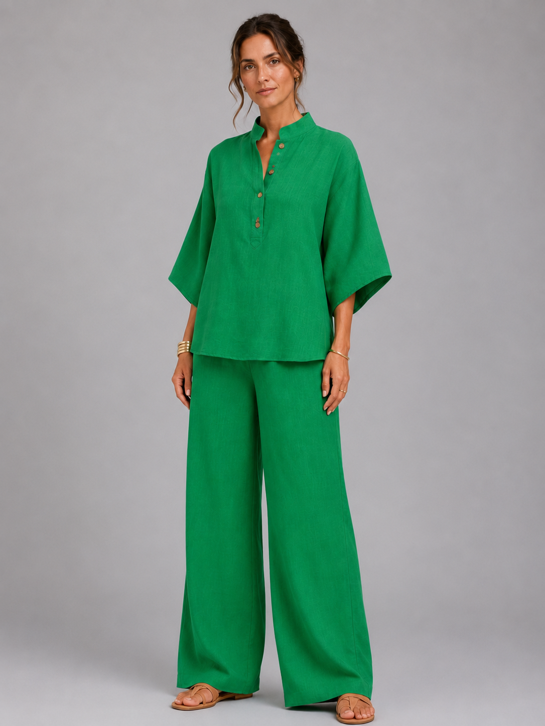 Women’s Two-Piece Set with Button-Front Top and Wide-Leg Trousers