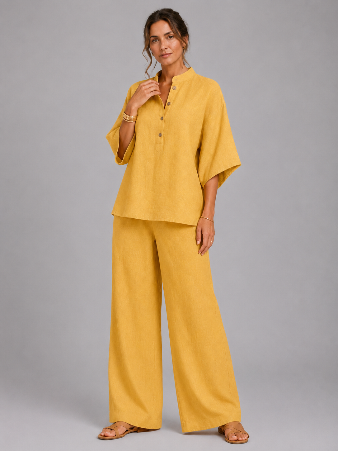 Women’s Two-Piece Set with Button-Front Top and Wide-Leg Trousers
