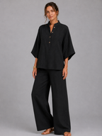 Women’s Two-Piece Set with Button-Front Top and Wide-Leg Trousers