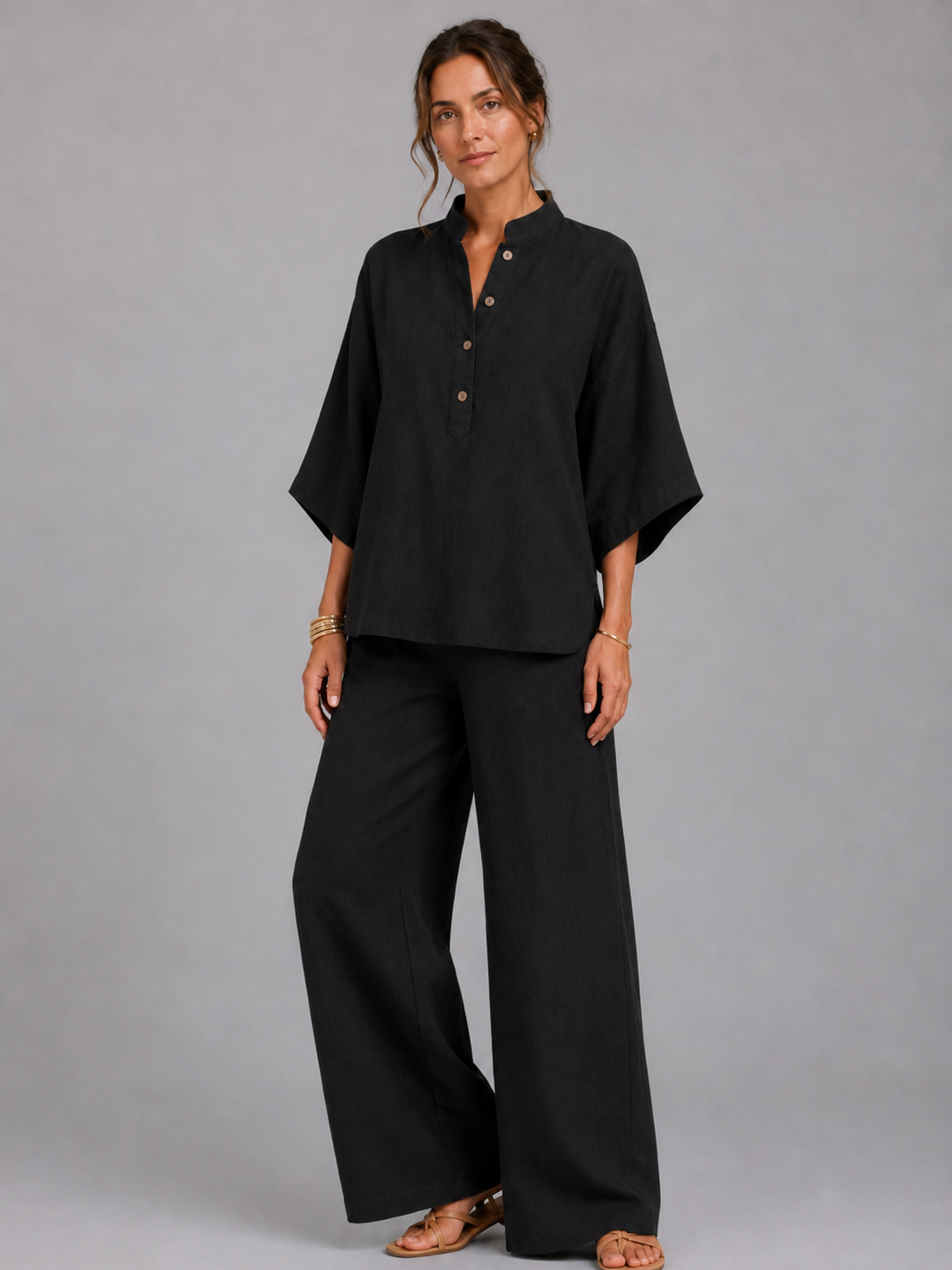 Women’s Two-Piece Set with Button-Front Top and Wide-Leg Trousers