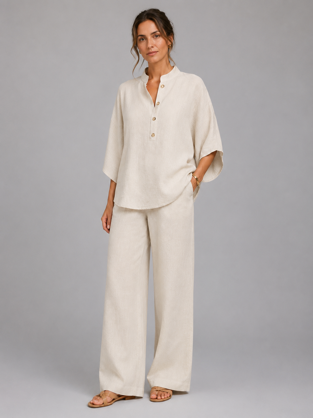 Women’s Two-Piece Set with Button-Front Top and Wide-Leg Trousers