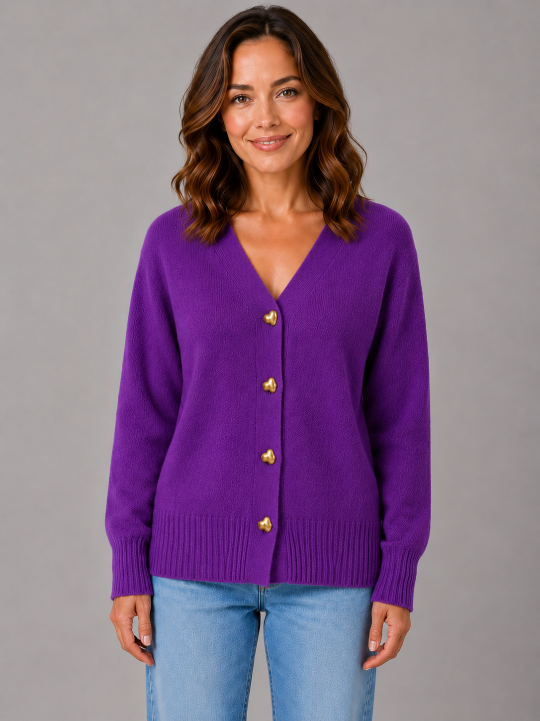 Women’s V-Neck Cardigan with Heart-Shaped Buttons