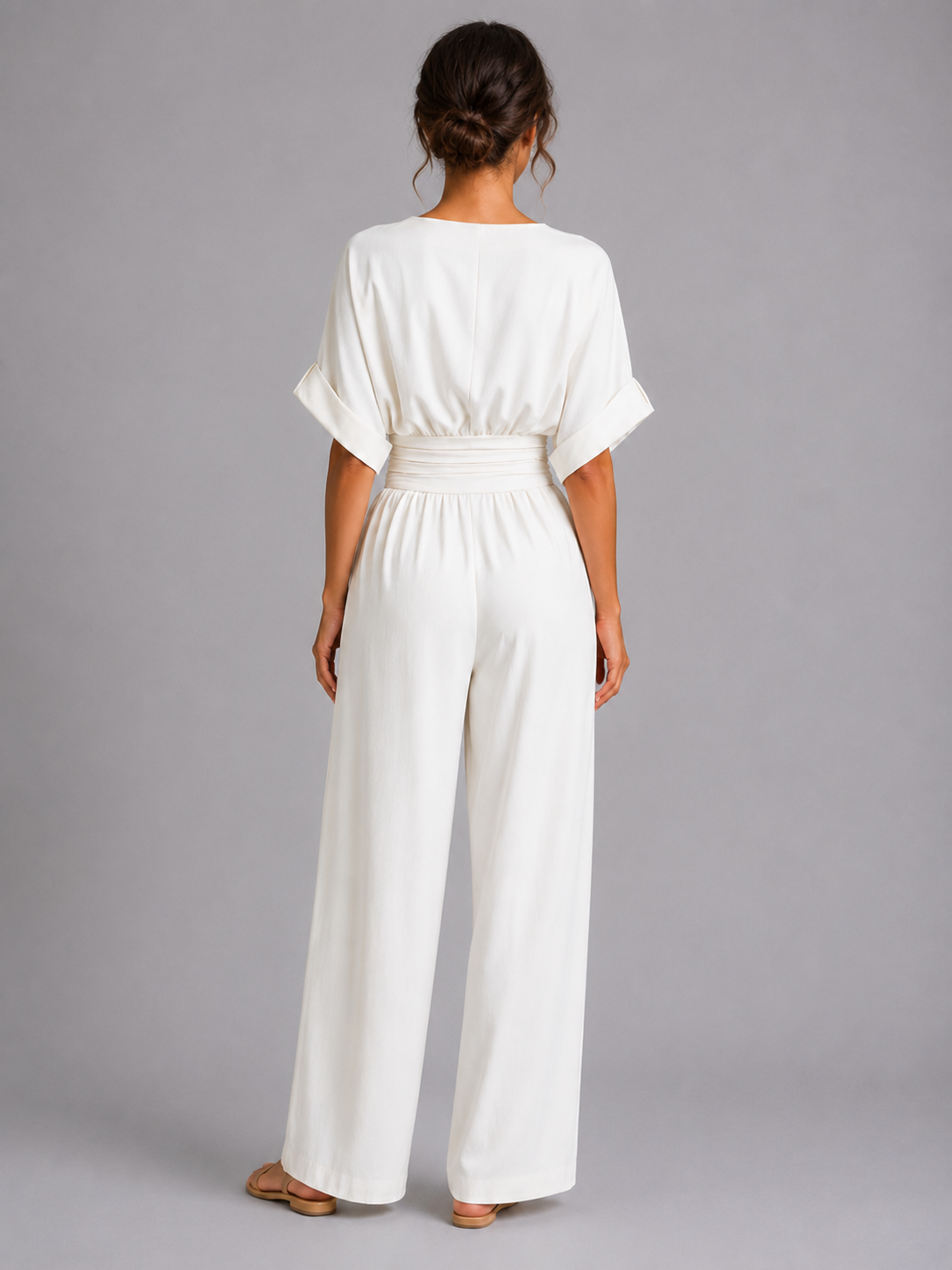 Women’s Wide-Leg Jumpsuit with V-Neck and Short Sleeves