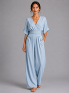 Women’s Wide-Leg Jumpsuit with V-Neck and Short Sleeves