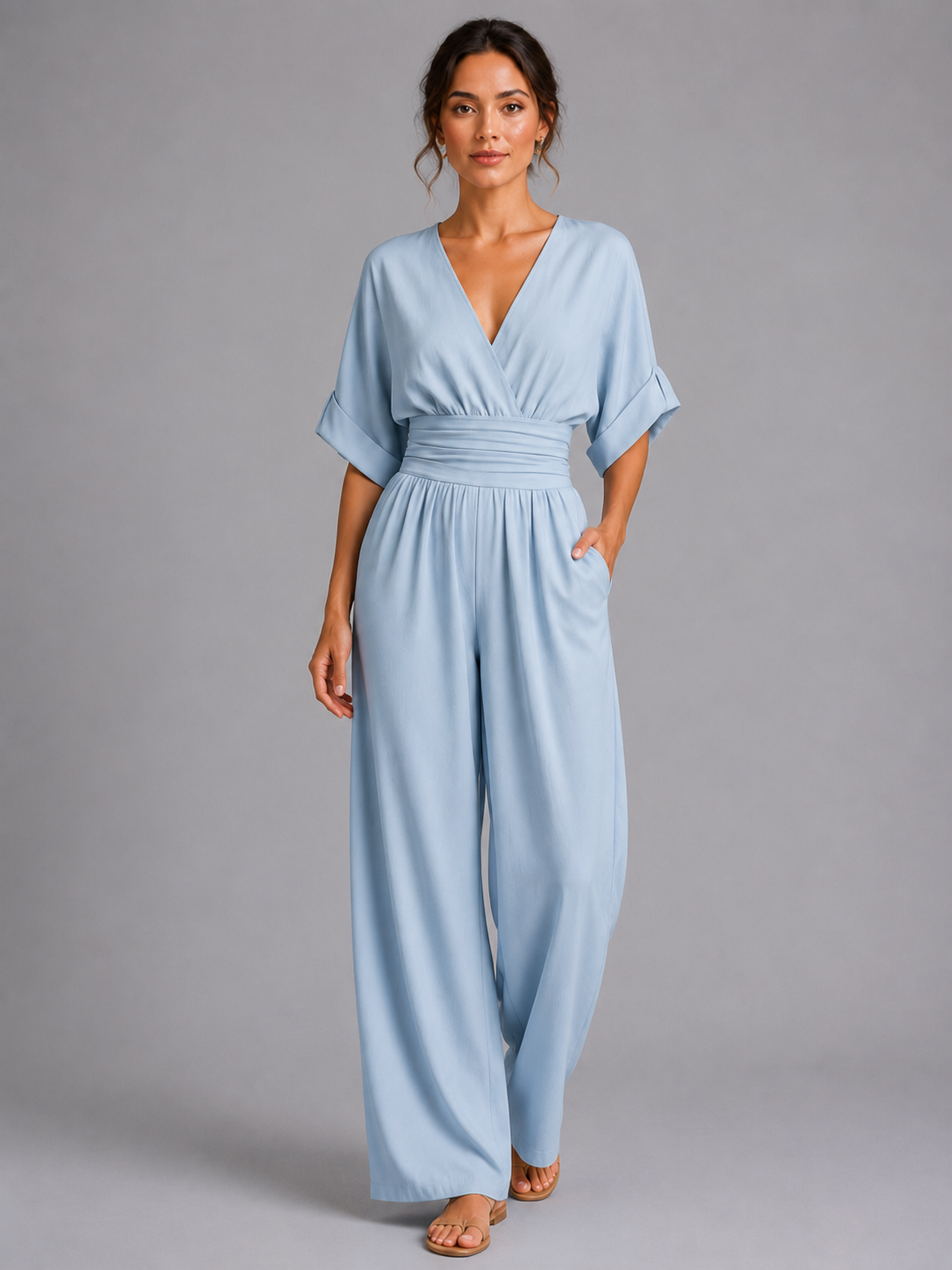 Women’s Wide-Leg Jumpsuit with V-Neck and Short Sleeves