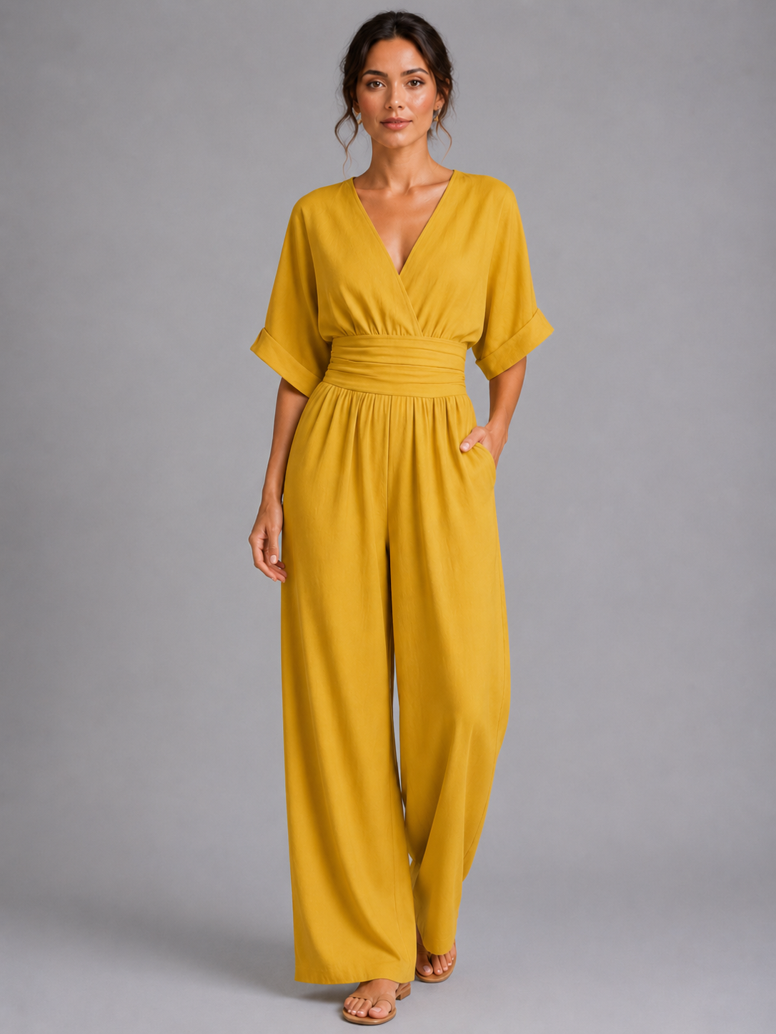 Women’s Wide-Leg Jumpsuit with V-Neck and Short Sleeves