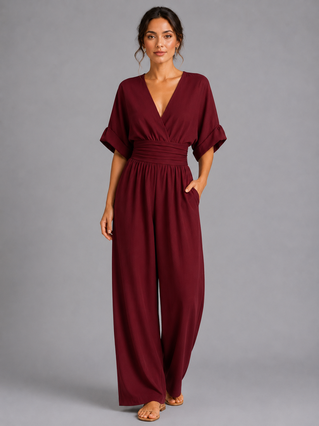 Women’s Wide-Leg Jumpsuit with V-Neck and Short Sleeves