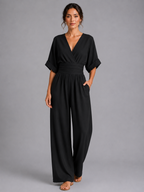 Women’s Wide-Leg Jumpsuit with V-Neck and Short Sleeves
