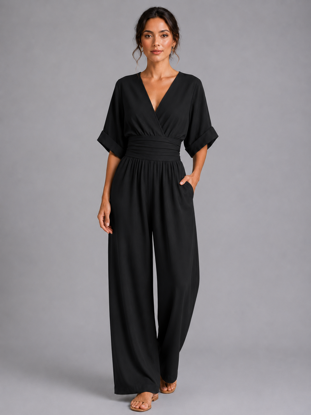 Women’s Wide-Leg Jumpsuit with V-Neck and Short Sleeves