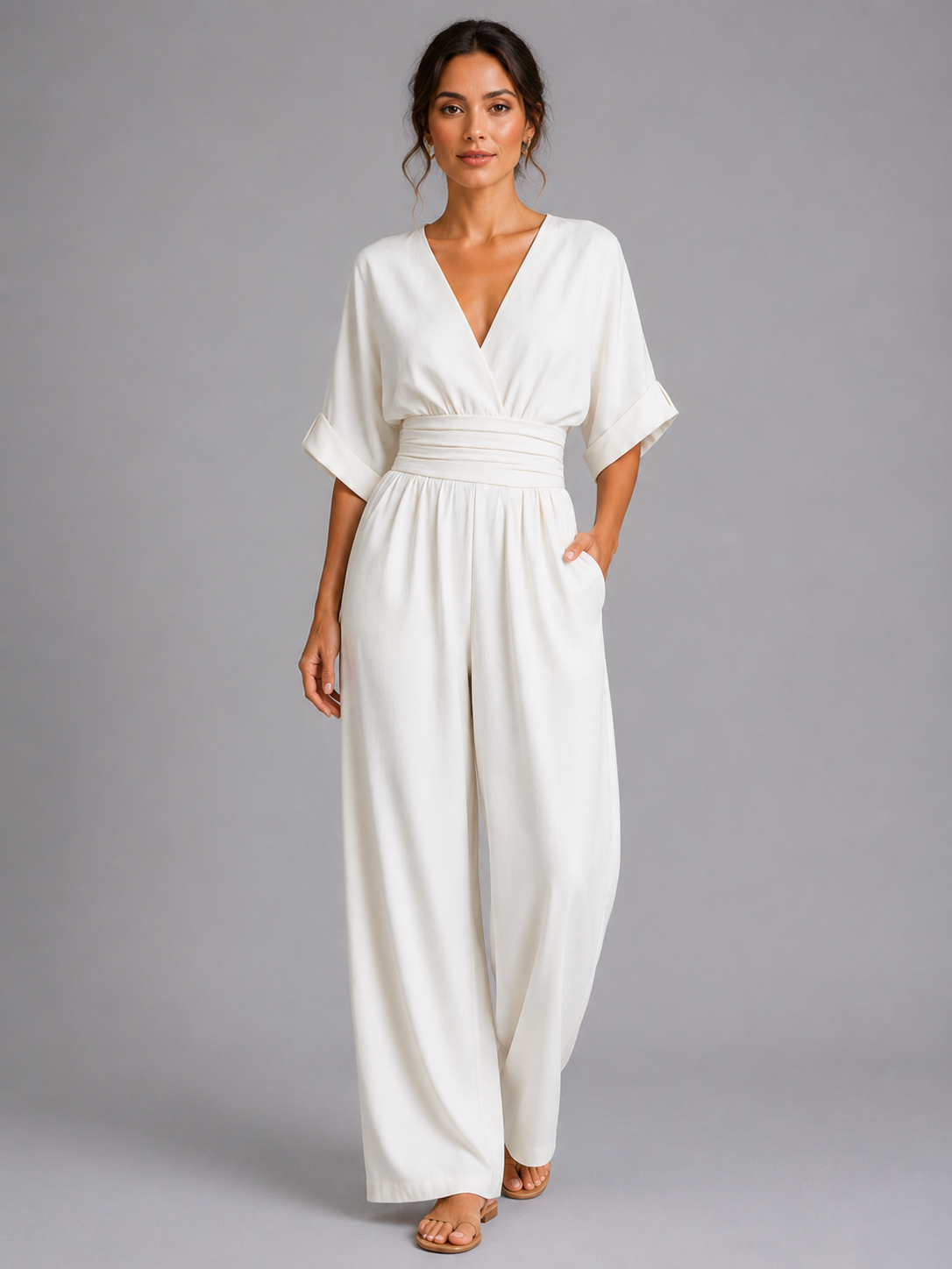 Women’s Wide-Leg Jumpsuit with V-Neck and Short Sleeves