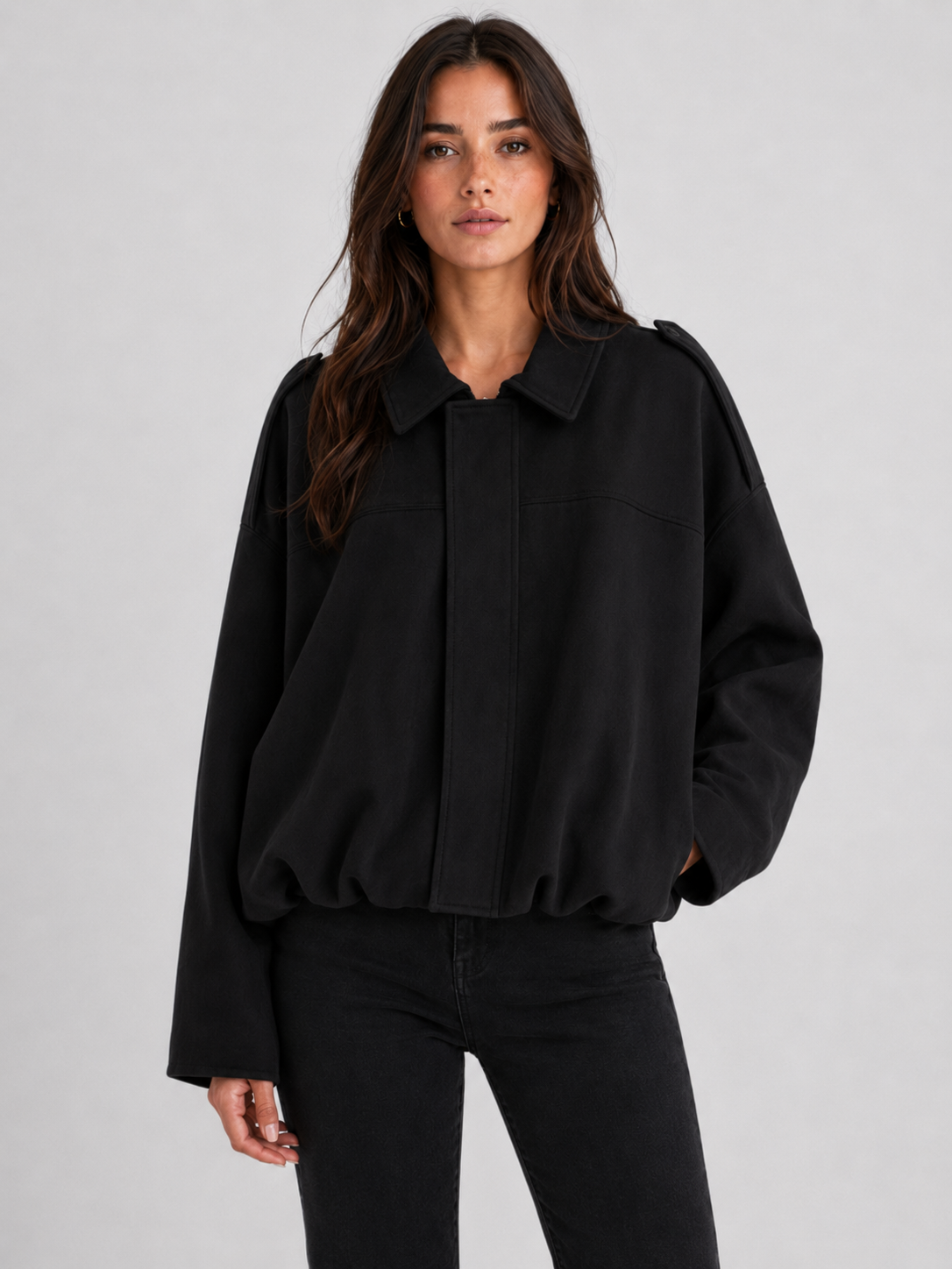 Women’s Zip-Front Bomber Jacket with Turn-Down Collar