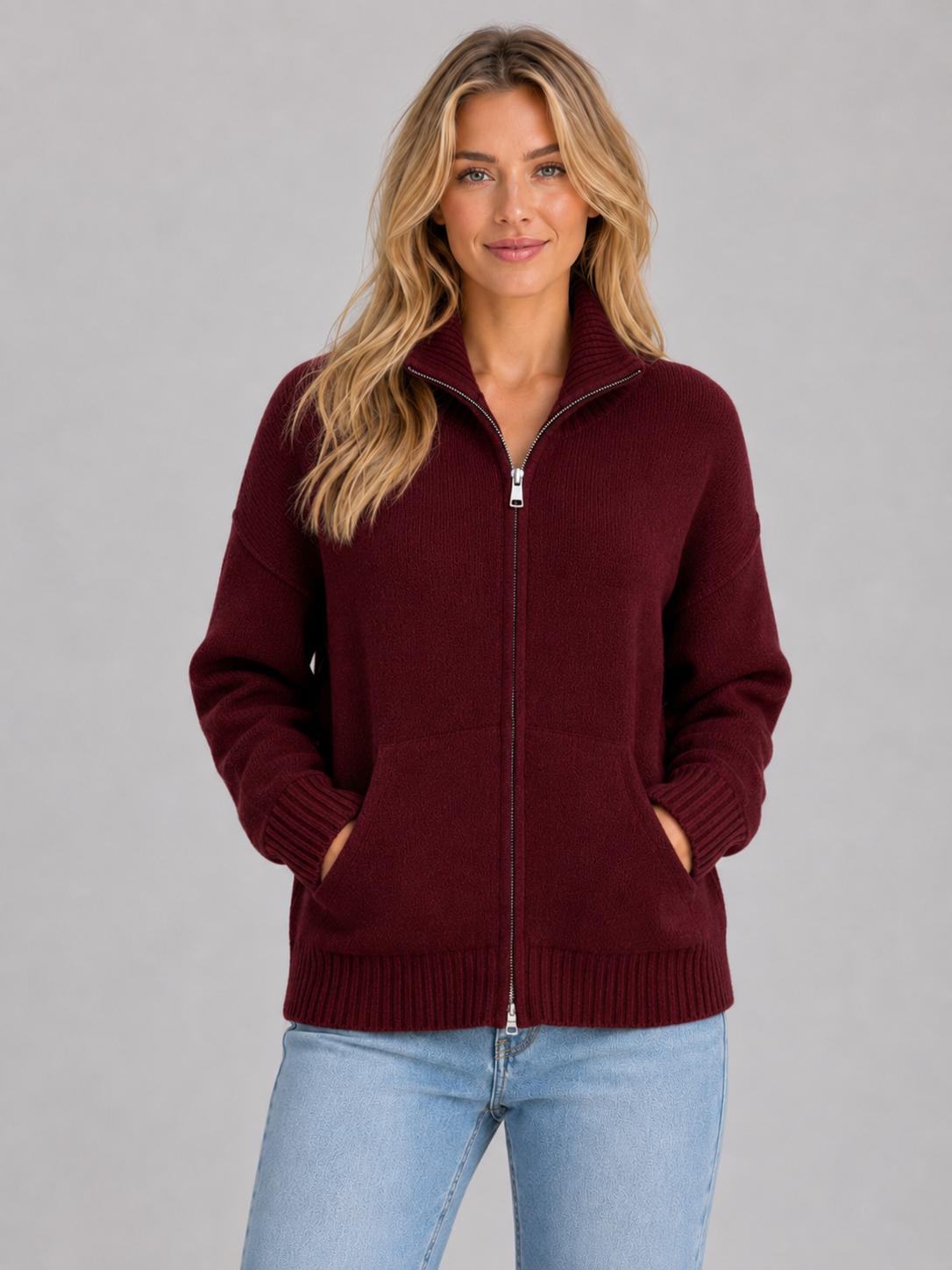 Women’s Zip Knit Cardigan with Funnel Neck